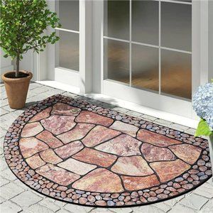 Front Door Mat Outdoor Half Circle Rug with Non Slip Rubber (21" x 33", Cobble)
